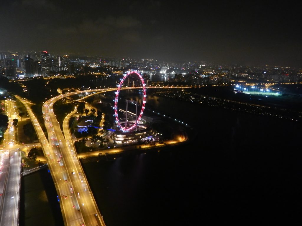 Singapore Flyer at night from Marina Bay Sands Skypark