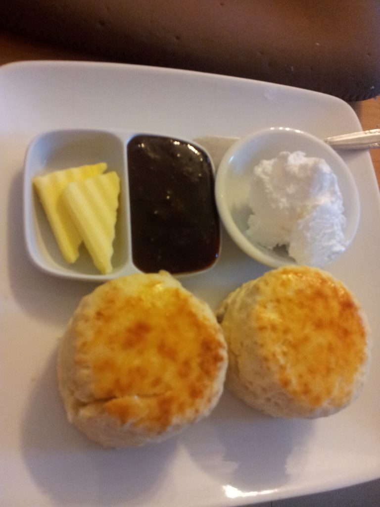 Nice snack food in Tanah Rata: English scones with butter, jam and cream made at the Cameronian Inn.