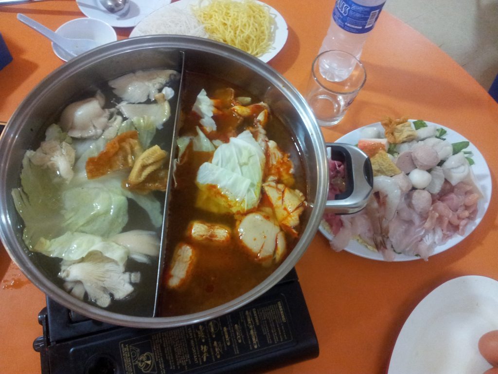 Amazing food in Tanah Rata: Steamboat dish with vegetables, noodles and meat. 