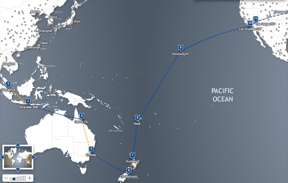 initial draft of world journey Singapore, Malaysia, Indonesia, Australia, New-Zealand, Fiji, Hawaii, and big cities in the USA.