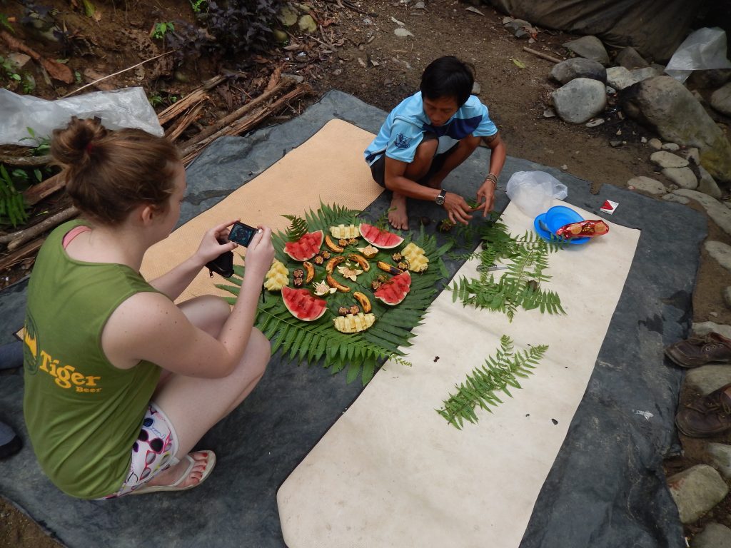 Maguire and Herrie next to our healthy meal at jungle base camp, Bukit Lawang