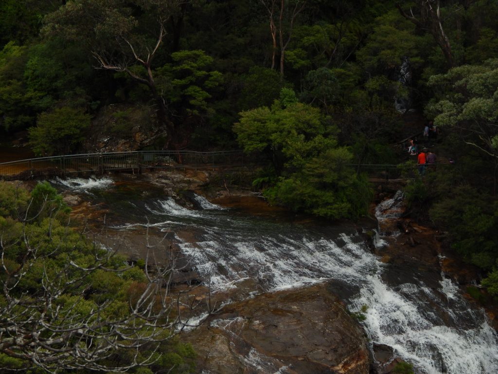 Closeup of the Wentworth Falls and the trail next to it 