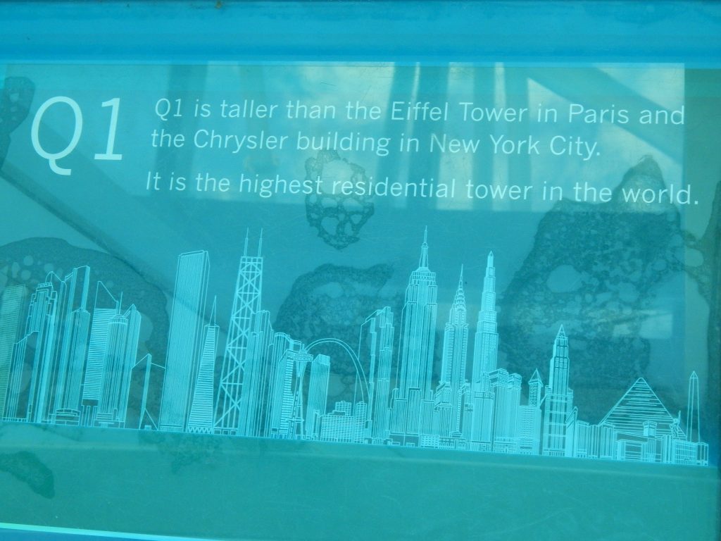 Signs in the Q1 tower
