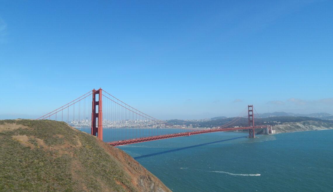 The iconic Golden Gate Bridge, view from Marin Headlands, San Francisco